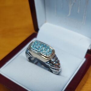 Silver Goldtone Blue Crystal Ring Band Size 10